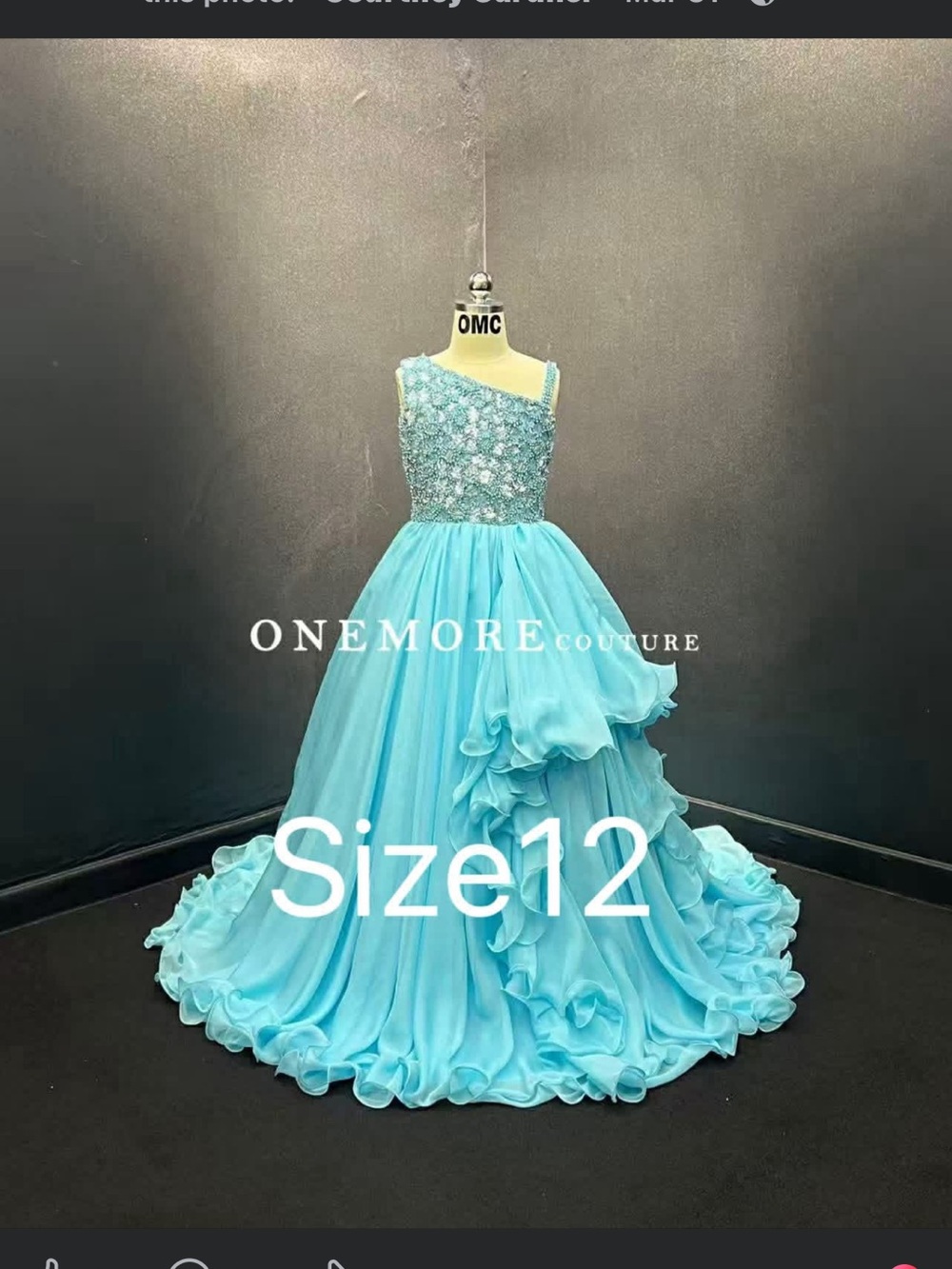 One More Couture Girls' Aqua Blue One-Shoulder Ruffle Pageant Gown - Size 12